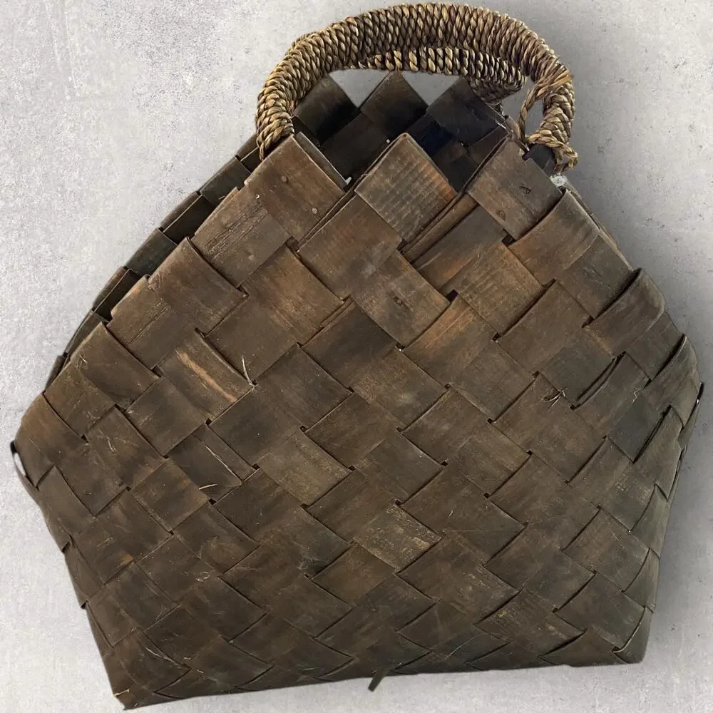 Rustic Flax Woven Basket Dark Wood Tote Farmhouse Decor Bag Purse w/ Handles